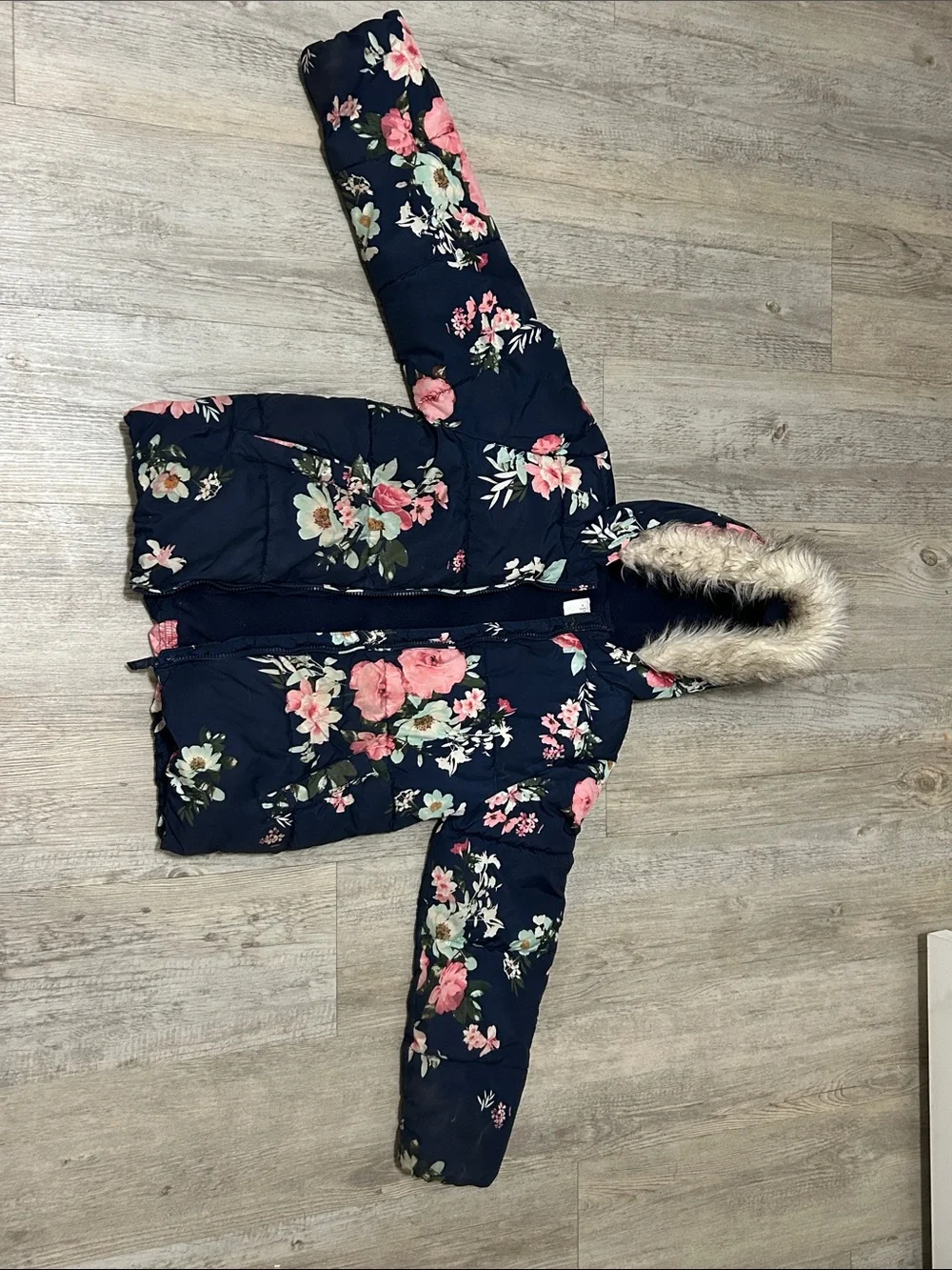 The Children's Place Navy Floral Hooded Puffer with Faux Fur Trim